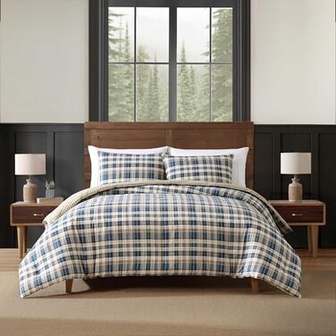 Eddie Bauer King Duvet Cover Set Reversible Bedding with Matching Shams Plaid Bedding Set Port Gamble Blue King