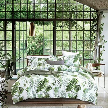 MILDLY Floral Duvet Cover Set 100 LongStaple Cotton Green Palm Leaf Pattern Printed Tropical Comforter Cover 3pcs Soft Breathable Luxury Bedding for All Season