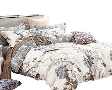 Swanson Beddings Daisy Silhouette Reversible Floral Print 5Piece 100 Cotton Bedding Set Duvet Cover Two Pillowcases and Two Pillow Shams Queen