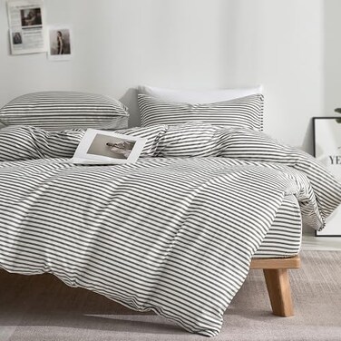 JELLYMONI 100 Natural Cotton 3pcs Striped Duvet Cover SetsWhite with Grey Stripes Pattern Printed Comforter Coverwith Zipper Closure Corner TiesKing Size