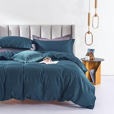 MILDLY Queen Duvet Cover Set Peacock Blue 100 LongStaple Cotton Sateen Weave Luxury Comfortable Comforter Cover Set with Zipper Closure Corner Tie No Comforter