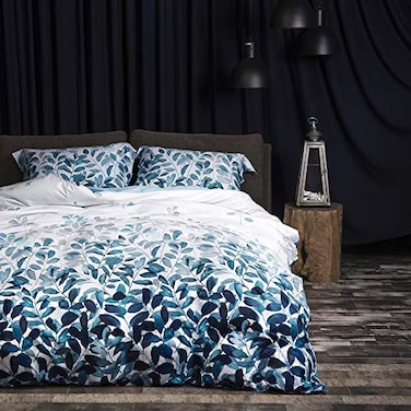 MILDLY 100 Long Staple Cotton Duvet Cover Set Gradient Blue Leaves Printed Comforter Cover Set Farmhouse Plant Comforter Cover Set