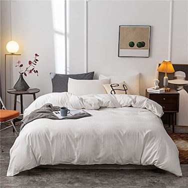Janlive Washed Cotton Duvet Cover King Ultra Soft 100 Cotton Solid Color White Duvet Cover Set with Zipper Closure 3 Pieces White King