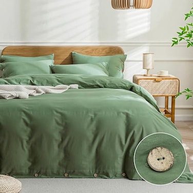 JELLYMONI Cotton Duvet Cover Cal King Size Green Comforter Cover with Button 100 Washed Cotton 3PCS Breathable Soft Solid Bedding Set Duvet Cover 10498in 2 Pillowcases NO Comforter