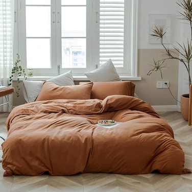 AMWAN Jersey Knit Cotton Duvet Cover Set Solid Pumpkin Color Luxury Soft Comforter Cover Queen Size 3 Piece Bedding Set 1 Duvet Cover 2 Pillowcases Set
