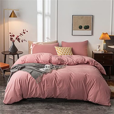 Janlive Washed Cotton Duvet Cover Full Ultra Soft 100 Cotton Solid Color Rose Duvet Cover Set with Zipper Closure 3 Pieces Pink Bean Paste Full