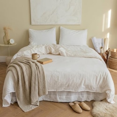 BISELINA French Linen Duvet Cover Set 2pcs with Hidden Zipper Closure Natural Flax Cotton Blend Solid Color Soft Breathable Luxury Farmhouse Bedding Twin Size White