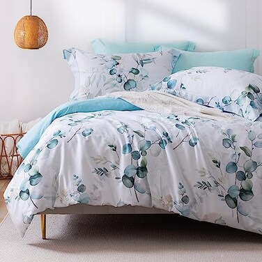 MILDLY 100 LongStaple Cotton Duvet Cover Set Baby Blue Teal Gradient Leaf Pattern Printed Comforter Cover 3pcs Ultra Soft Breathable Bedding Set
