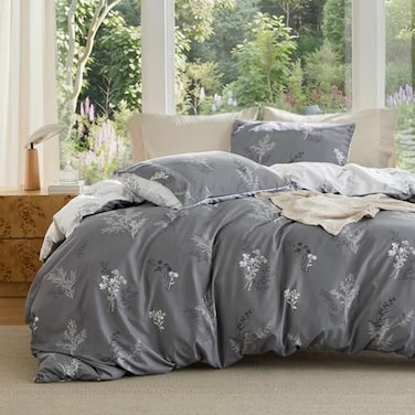 Bedsure Duvet Cover Twin Dorm Bedding Reversible Floral Duvet Cover Set with Zipper Closure 2 Pieces Grey Bedding Set with 8 Corner Ties and 1 Pillowcase 20x26