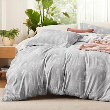 Bedsure Duvet Cover King Size Reversible Grey King Duvet Cover Set with Zipper Closure 3 Pieces Botanical Floral Patterned Bedding Set with 8 Corner Ties and 2 Pillow Shams