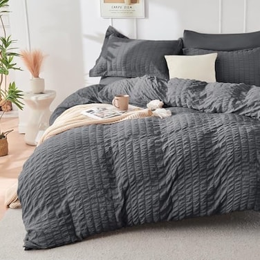 HYMOKEGE Dark Grey Duvet Cover Queen Size Ultra Soft 3Piece Seersucker Duvet Cover Set with Zipper Closure Soft Brushed Microfiber Bedding Set with 8 Corner Ties 90x90 2 Pillowshams