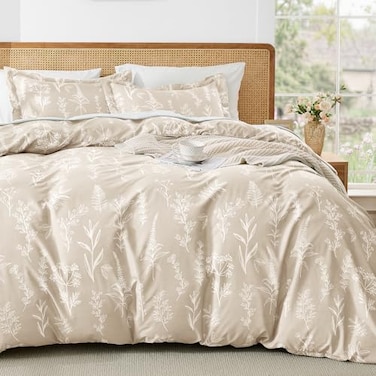 MUXHOMO Duvet Cover Queen Size Reversible Floral Beige Duvet Cover Set with Zipper Closure 3 Pieces Botanical Patterns Soft Microfiber Bedding Set with 4 Ties 90x90 2 Pillow Cases