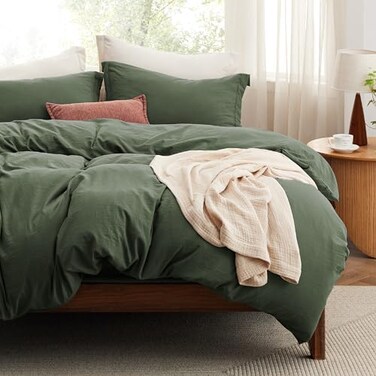 Bedsure Duvet Cover Queen Size with Fitted Sheet 4 Pieces Prewashed CottonLike Extra Soft Bedding Set Includes 1 Duvet Cover 90x90 Inches 2 Pillow Shams 1 Fitted Sheet Olive Green