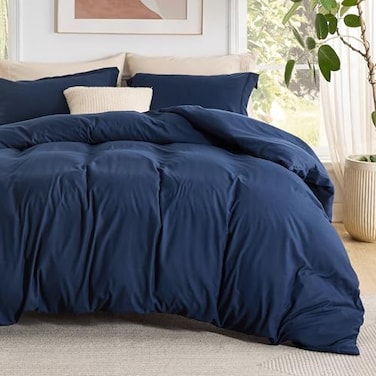 Bedsure Duvet Cover with Fitted Sheet Queen Deep Pocket Hotel Luxury Soft Double Brushed Bedding Set with Zipper Closure 1 Duvet Cover 1 Fitted Sheet 2 Pillow Shams NO Comforter Blue