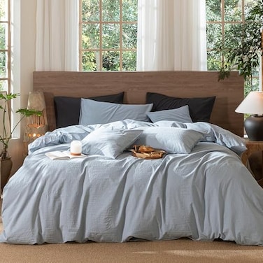 MooMee Wavy Striped Duvet Cover Set 100 Washed Cotton Linen Like Textured Breathable Durable Soft Comfy Cornflower Blue Queen 90x90