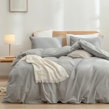 BESTOUCH Duvet Cover Set 100 Washed Cotton Linen Feel Super Soft Comfortable Chic Lightweight 3 PCs Home Bedding Set Solid Light Grey Super King Plus