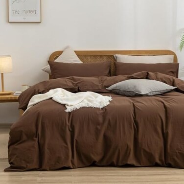 BESTOUCH Duvet Cover Set 100 Washed Cotton Linen Feel Super Soft Comfortable Chic Lightweight 3 PCs Home Bedding Set Solid Cocoa Brown Oversized Full