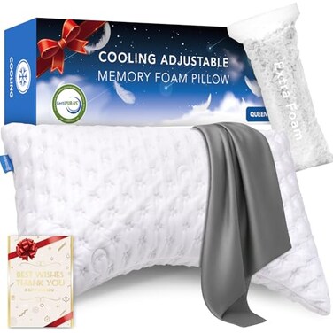 KUCEY Cooling Side Sleeper Pillow for Neck and Shoulder Pain Luxury Shredded Memory Foam Curved Bed Pillows for Sleeping Set of 1 Adjustable Queen Size Washable Cover Crescent WhiteExtra Grey Pillowca