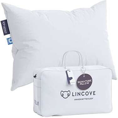 Lincove Signature 100 Natural Canadian White Down Pillow Luxury Sleeping Pillow for Back Stomach Side Sleepers 800 Fill Power Bed Pillow 500 Thread Count Made in Canada Queen Firm 1 Pack