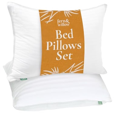 Fern and Willow Premium Queen Size Bed Pillows Set of 2 28x20 Luxurious UltraSoft Cooling Pillow Hotel Quality Down Alternative Fill Medium Firm Support for Side Back Stomach Sleepers