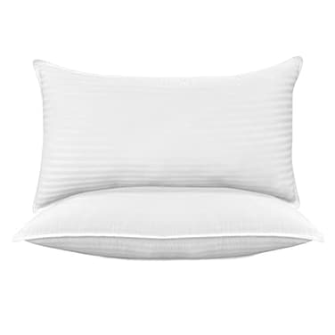 Elegant Comfort 100 Cotton Shell Stripe Hotel Pillows Super Plush Bed Pillows for Side Back Stomach Sleepers Cooling GelInfused Filling 2PACK StandardQueen Pillow Set White