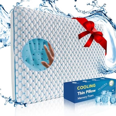 Iwacool Flat Pillow for Stomach and Back Sleepers Ultra Thin Pillow for Sleeping Cooling Gel Slim Stomach Sleeping Pillows for Shoulder Neck Pain Relief Low Profile Memory Foam Pillows 275inches