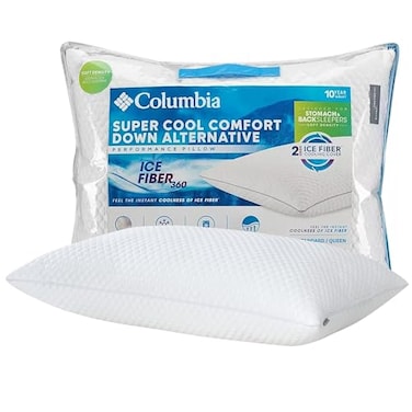 Columbia Comfort Ice Fiber Back Stomach Sleeper Down Alternative Bed Pillow with Polyester Fiberfill Supportive Cooling Double Sided Breathable Cover StandardQueen Pack of 1