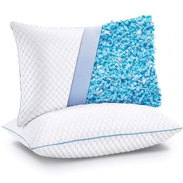 VVZ Cooling Bed Pillows Standard Size Set of 2Shredded Memory Foam Pillows with Gel Adjustable Firmness for Side Back Stomach Sleepers 20x26 White
