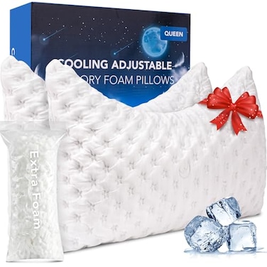 KUCEY Cooling Side Sleeper Pillow for Neck and Shoulder Pain Luxury Shredded Memory Foam Curved Bed Pillows for Sleeping Set of 2 Adjustable Queen Size Washable Cover Crescent White