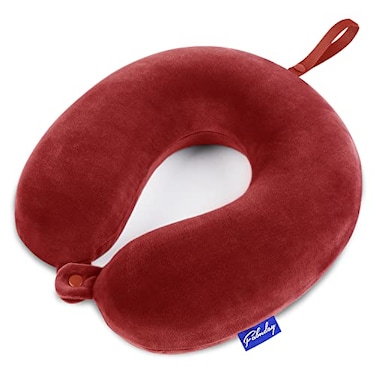 Fabuday Neck Pillows for Travel Airplane Pillow for Long Flight with Attachable Snap Strap Washable Cover Memory Foam Travel Rest Pillow for Airplanes Plane Neck Support for Adults Red