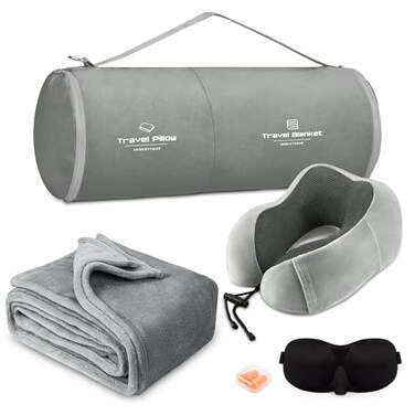 urnexttour Travel Pillow and Blanket Set Neck Pillows Travel Essentials with Sleep Mask for Airplane Car Memory Foam Grey