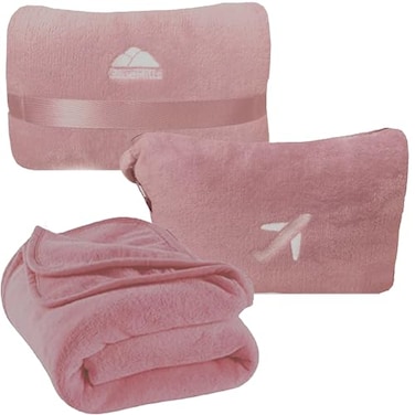 BlueHills Premium Soft Travel Blanket Pillow Compact Mini Airplane Blanket with Portable Pillowcase Long Flights Dusty Rose Pink M02