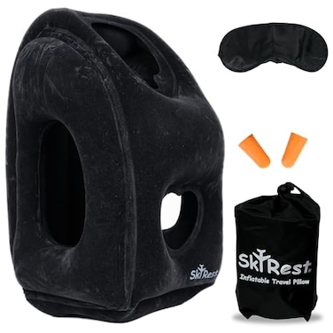 Skyrest Inflatable Travel Pillow Airplane Pillow for Neck Support on Long Flights Buses Cars Office Trains Comes with Eye Mask Earplugs Portable Drawstring Bag Black