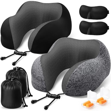ExploreBliss Travel Pillow 2 Pack Travel Pillows for Sleeping Airplane Removable Cover Neck Pillow with Adjustable Clasp Memory Foam Neck Pillow Set Dark Grey Black