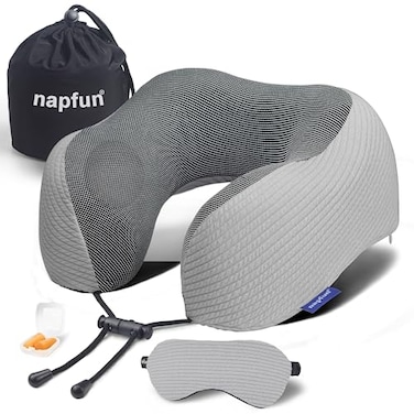 napfun Neck Pillow for Travel with Travel Pouch Sleep Mask Earplugs Memory Foam Airplane Pillow for Headrest Sleep with Eyeshades Plane Essentials with Eye Blindfold Light Gray Striped Kit