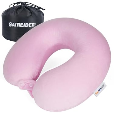 SAIREIDER Travel Neck Pillow 100 Pure Memory Foam Airplane Pillow for Head SupportSoft Adjustable Pillow for Plane Car Home Recliner with Storage Bag Pink