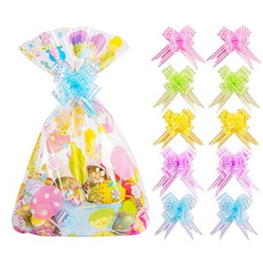 Kolewo4ever 20pcs Basket Bags Pull Bow Set 10 Pieces Easter Cellophane Wrap Plastic Bag 10 Pieces Easter Theme Pull Bow for Gifts Baskets Party Festivals 12x18 inch
