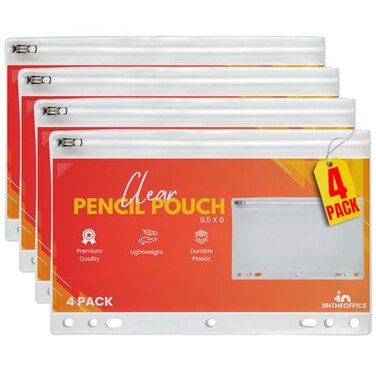1InTheOffice Clear Pencil Pouch For 3 Ring Binder Ring Binder Pockets with Zipper Vinyl 4 Pack