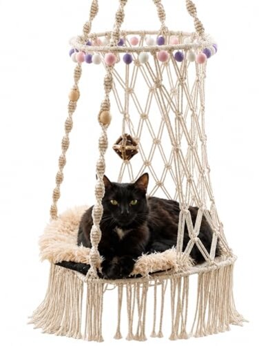KARCEEY Cat Hammock Macrame Hanging Bed for Large Cats 50lbs Heavy Duty Cat Swing Wall Mounted Boho Window Perch Hardware Kit Included
