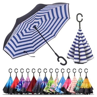 LLanxiry Inverted Umbrella Windproof Reverse Umbrella with CShaped Handle SelfStanding DoubleLayer Canopy for Car Travel Everyday Use