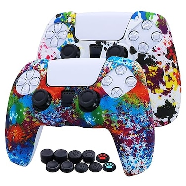 Jusy 2 Pack Compatible with PS5 Controller Soft Silicone Skin SweatProof DustProof AntiSlip Case Cover Protective Accessories Set for PS5 DualSense Controller with 10 Thumb Grips Graffiti