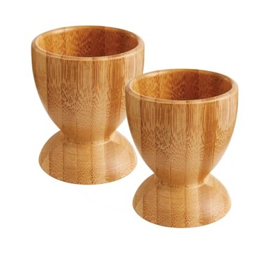 HIC Kitchen Egg Cup Holders Natural Bamboo For Soft Boiled and Hard Boiled Eggs Set of 2