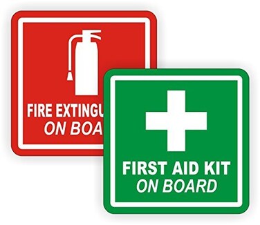 Jay Graphics 3 Fire Extinguisher First Aid Kit on Board Vinyl Decals Stickers Labels Pair