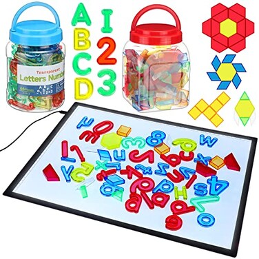 Kanayu Adjustable Brightness LED Light Panel 18 Classroom Light Table with 245 Translucent Pattern Blocks Letters Board Numbers for Sensory Play Creative Exploration Kids Home Learning Counting