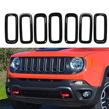 KYYET Front Bumper Grill Insert Rings Vent Cover Trim Compatible with Jeep Renegade 2015 2016 2017 2018 Gloss Black 7pcs