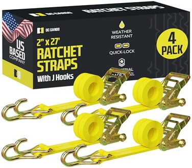 DC Cargo Mall Heavy Duty Ratchet Tie Down Straps 4 Pack 2 x 27 with Double J Hooks 10000 lbs Break Strength