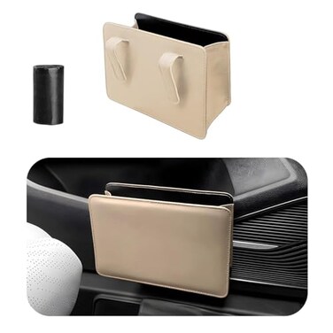 Yourkar Car Trash Can Foldable Waterproof Leather Car Garbage Organizer Holder Automotive Mini Dustbin Container with One Roll Trash Bag Universal Interior Car Accessories Beige