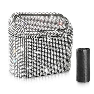 Accmor Bling Car Trash Can with 30pcs Garbage Bags Vehicle Trash Bin with Lid Auto Dustbin Organizer Garbage Storage Sparkling Crystal Mini Trash Container Holder