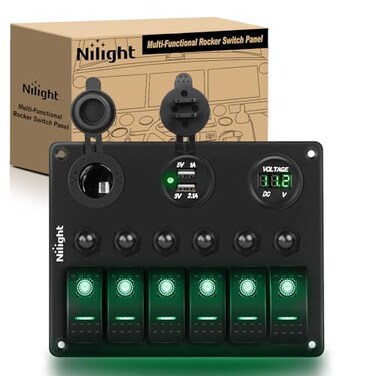 Nilight 90123F 6 Gang ON Off Rocker Switch Panel Green Backlit 12V24V LED Digital Voltmeter Dual USB Charger Cigarette Lighter Socket Overload Protection Switch Panel For Cars RVs Boats