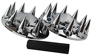 JIUXI ABS Chrome Plastic Front Axle Cover Kits with 33mm Threadon Nut Covers for Semi Trucks in Pairs Spiked